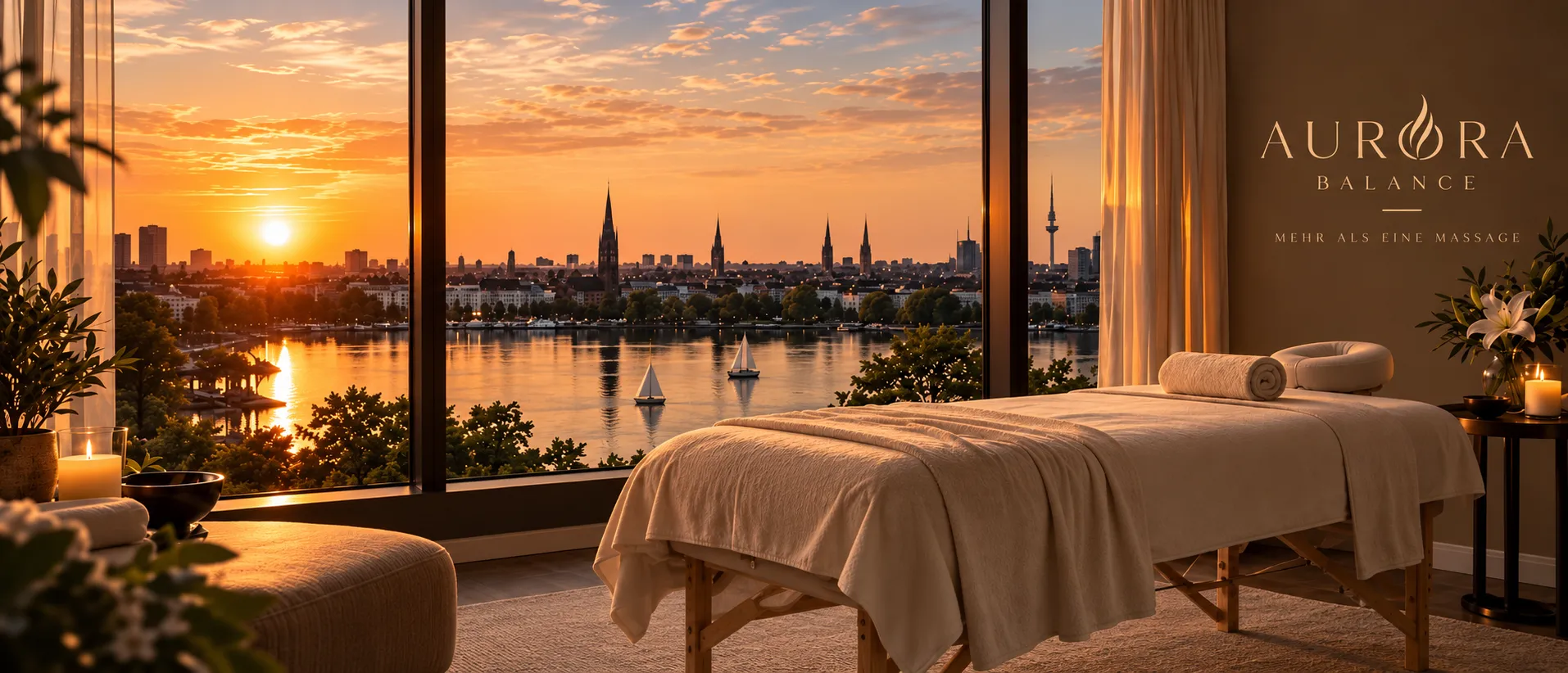 Eine leere, hergerichtete Massageliege vor einer Fensterfront. Dahinter liegen Alster und Stadtsilhouette im Sonnenuntergang.